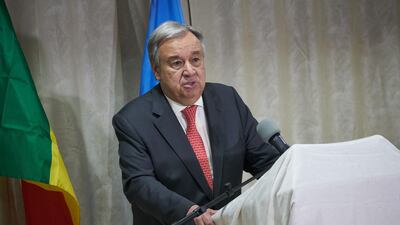 UN chief Antonio Guterres speaks at the press conference in Bamako on May 30, 2018. Michele Cattani / AFP