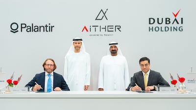 Officials signing the agreement to launch Aither. From left to right: Noam Perski, executive vice president, Palantir; Mohamed Al Hussaini, UAE Minister of State for Financial Affairs, Sheikh Ahmed bin Saeed, chairman of Dubai Holding; and Amit Kaushal, group chief executive officer of Dubai Holding. Photo: Dubai Holding