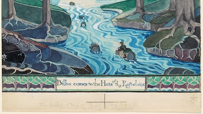 Bilbo comes to the Huts of the Raft-elves, a watercolour that Tolkien painted as an illustration for the first edition of The Hobbit, published in 1937