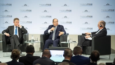Egyptian President Abdel Fatah El Sisi on a panel with the President of Romania Klaus Iohannis and the Chairman of the Munich Security Conference Wolfgang Ischinger at the Munich Security Conference. HO via EPA