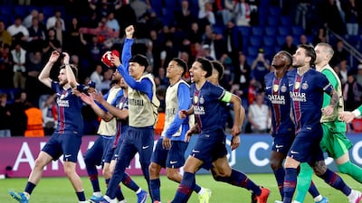 PSG players celebrate after the Uefa Champions League quarter-final, first leg at Parc des Princes. EPA