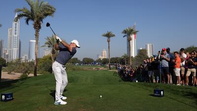 Rory McIlroy plays his tee shot on the 16th hole. Getty