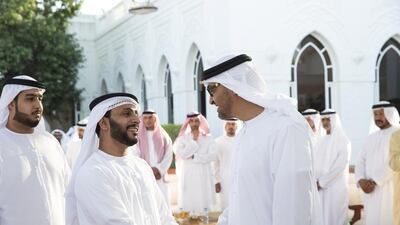 Sheikh Mohammed bin Zayed, Crown Prince of Abu Dhabi and Deputy Supreme Commander of the Armed Forces, greets an Armed Forces servicemen injured while serving the armed forces in Yemen. Seen during a Sea Palace barza. Ryan Carter / Crown Prince Court - Abu Dhabi