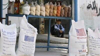 A Palestinian boy sits behind bags of flour donated by various aid agencies as part of their food assistance programs for the people in the Shati refugee camp, Gaza City.