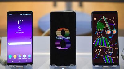 Samsung Galaxy Note8 smartphones in Seoul. The firm logged a record profit of $10bn in the July to September period. Jung Yeon-Je/AFP