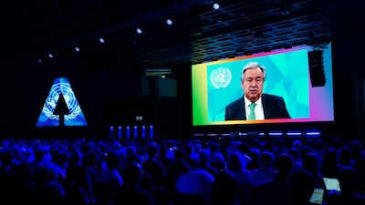 Antonio Guterres speaks at the AI For Good summit taking place in Geneva, Switzerland on Thursday. Getty
