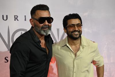 Bobby Deol, left, and actor Suriya promote Kanguva in Mumbai. AFP