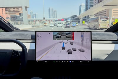 The self-driving Cybertruck still requires a person to be able to be in the driver seat. Photo: Ahmed Ramzan / The National