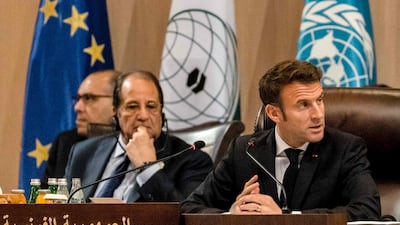 French President Emmanuel Macron at the Baghdad Conference for Co-operation and Partnership in Jordan. He wants a similar gathering for Lebanon. Reuters