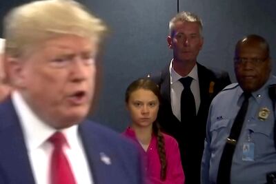 Environmental activist Greta Thunberg gives former US President Donald Trump a withering look as he enters the UN in New York City, September 2019. Reuters