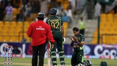 Mohammed Hafeez of Pakistan gives thanks after scoring his century in the fourth ODI cricket match between Pakistan vs Sri Lanka at Zayed Cricket Stadium in Abu Dhabi. Pawan Singh / The National