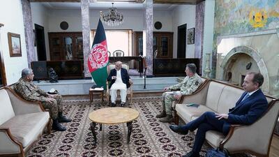 Afghanistan's President Ashraf Ghani meets with Pakistan's Army Chief of Staff General Qamar Javed Bajwa and head of the British military General Sir Nick Carter, in Kabul, Afghanistan on May 10, 2021. Reuters