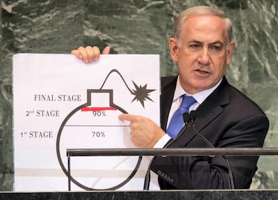 Israeli Prime Minister Benjamin Netanyahu again using placards, this time supposedly depicting Iran's nuclear programme, at the UN General Assembly in New York in 2012. AFP