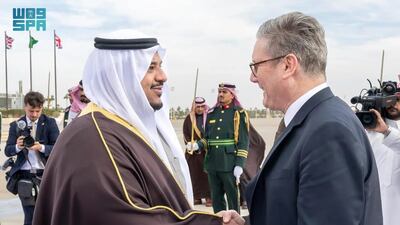 Mr Starmer is greeted by Prince Mohammed bin Abdulrahman in Riyadh. SPA