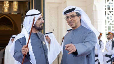 Sheikh Mohammed bin Rashid with Sheikh Mansour bin Zayed, who will lead the UAE's transition to an AI-powered government model. Photo: Sheikh Mohammed / X