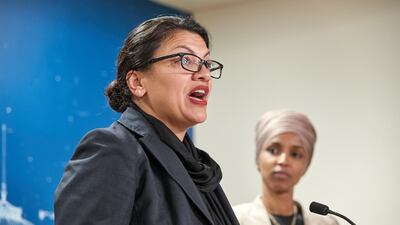 Rashida Tlaib and Ilhan Omar hold a news conference in St Paul, Minnesota. Getty Images