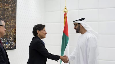 Sheikh Mohammed bin Zayed, Crown Prince of Abu Dhabi and Deputy Supreme Commander of the Armed Forces, receives Penny Pritzker, the US secretary of commerce, in the capital yesterday. Wam