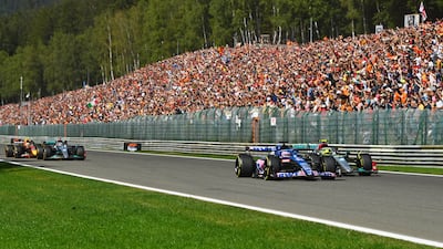 Fernando Alonso driving the Alpine F1 A522 Renault and Lewis Hamilton of Great Britain driving the (44) Mercedes AMG Petronas battle for track position up the Kemmel straight. Getty Images