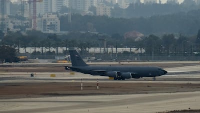 A US Air Force KC-135 Stratotanker refuelling aircraft on the runway at Ben Gurion airport in Lod, Israel. Getty Images