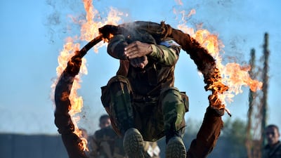Syrian opposition fighters during training at a camp in the Turkish-controlled north-west city of Azaz, Syria. AP Photo