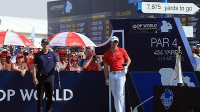 Luke Donald stands by as Rory McIlroy watches his drive off the first tee on the final day's play at the DP World Tour Championship