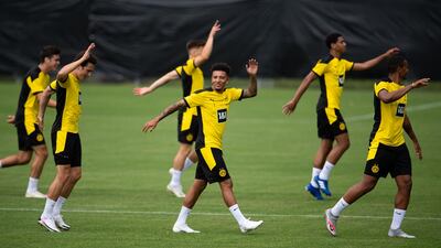 Jadon Sancho, centre, during training. Getty