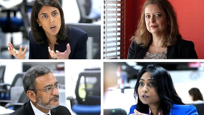 Clockwise from top left: Ambareen Musa, founder and chief executive of Souqalmal.com, The National columnist Keren Bobker, Rasheda Khatun from Financial Life Planner, and Jamel Alvi, chief credit officer of Abu Dhabi Islamic Bank, provide insights on why people are getting into excessive debt, how this situation can be resolved and where they can turn for help. Ravindranath K / The National and Marwan Alhammadi / The National