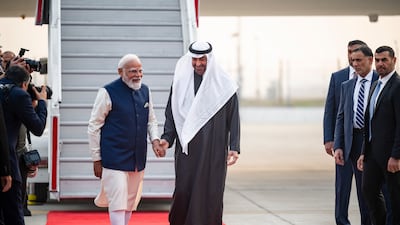 Sheikh Mohamed is received by Mr Modi at Palam Air Base