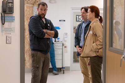 Noah Wyle, left, Mackenzie Astin and Rebecca Tilney in The Pitt. Photo: HBO