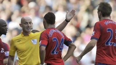 West Bromwich Albions' Peter Odemwingie, centre right, was sent off during the Premier League match against Fulham at Craven Cottage.