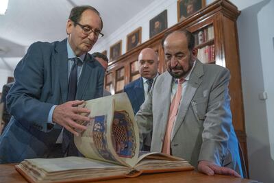 Sheikh Dr Sultan inspected a range of historic manuscripts at El Escorial Library. Courtesy: Sharjah Media Office