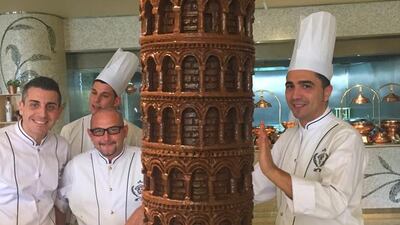 Chocolate Leaning Tower of Pisa at Palazzo Versace in Dubai. Rebecca McLaughlin-Duane / The National