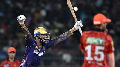 Kolkata Knight Riders' Venkatesh Iyer celebrates his team's eight-wicket victory in the Indian Premier League final against Sunrisers Hyderabad at the MA Chidambaram Stadium in Chennai on May 26, 2024. AFP