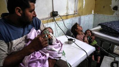 Chlorine gas was allegedly used during the shelling of Ghouta by forces loyal to the Syrian government on Monday. EPA/MOHAMMED BADRA