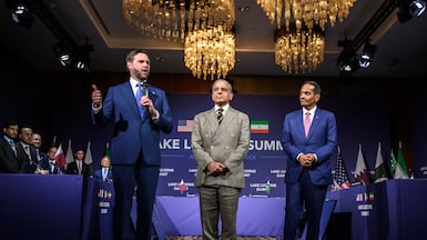 US Vice President JD Vance speaks next to Pakistan's Prime Minister Shehbaz Sharif and Qatar's Prime Minister Sheikh Mohammed bin Abdulrahman bin Jassim al-Thani in Burgenstock, Switzerland. EPA