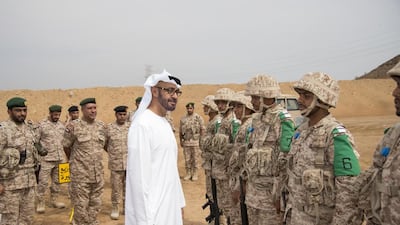 Sheikh Mohammed bin Zayed, Crown Prince of Abu Dhabi and Deputy Supreme Commander of the Armed Forces, talks with national service conscripts at Manama Military Camp. Courtesy UAE Armed Forces