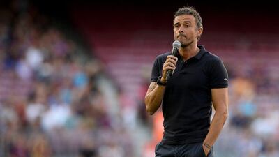 Barcelona manager Luis Enrique speaks during a Barca team presentation prior the annual 51st Joan Gamper Trophy friendly football match between FC Barcelona and UC Sampdoria at the Camp Nou stadium in Barcelona on August 10, 2016. Josep Lago / AFP