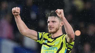 Arsenal’s Declan Rice celebrates following the Premier League match at Amex Stadium. PA