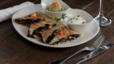 Entrée: Quesadilla de hongos: flour tortilla with chestnut mushroom and cheese; Dh30 from Loca
