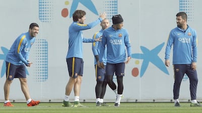 Barcelona players, from left to right, Luis Suarez, Sergi Roberto, Javier Mascherano, Neymar and Arda Turan shown during Friday’s team training session. Andreu Dalmau / EPA