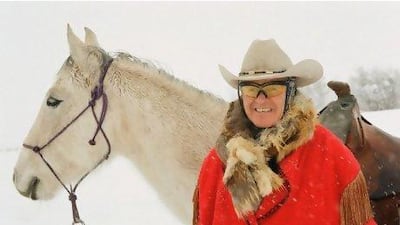 Ray Heid, a former Olympic ski jumper, leads trail rides in the snow from his ranch near Steamboat Springs, Colorado.