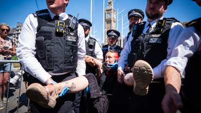 Police officers remove a demonstrator during a protest in Parliament Square, London, calling for deproscription of Palestine Action. PA