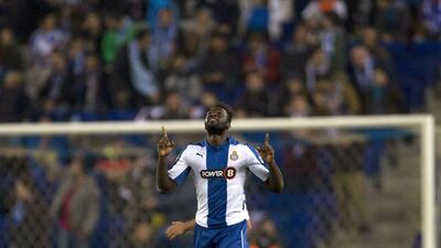 Espanyol's Felipe Caicedo celebrates after scoring one of his two goals to put the club through to the Copa del Rey quarter-finals over Valencia on Tuesday. Alejandro Garcia / EPA / January 13, 2015