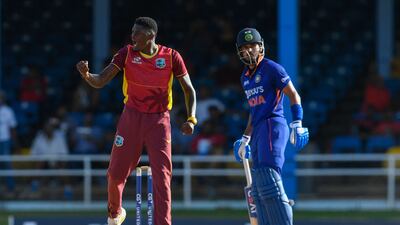 Alzarri Joseph of West Indies celebrates the dismissal of Shreyas Iyer. AFP