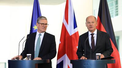 UK Prime Minister Keir Starmer, left, with Olaf Scholz, Germany's chancellor, in Berlin, on August 28. Bloomberg