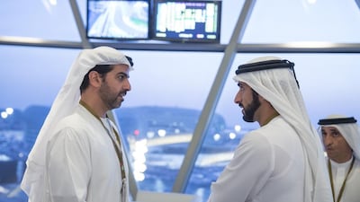 Sheikh Hamed bin Zayed Chairman of Crown Prince Court - Abu Dhabi and Executive Council Member (L), and HH Sheikh Hamdan bin Mohammed Crown Prince of Dubai (R), attend the final race of the 2013 Formula 1 Etihad Airways Abu Dhabi Grand Prix, at Yas Marina Circuit. Mohamed Al Hammadi / Crown Prince Court - Abu Dhabi