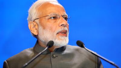 Narendra Modi, India's prime minister, delivers the keynote address during the IISS Shangri-La Dialogue Asia Security Summit in Singapore, on Friday, June 1, 2018. Paul Miller / Bloomberg