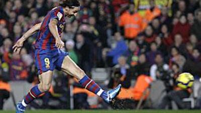 Ibrahimovic scores on the volley on the hour mark at Camp Nou.