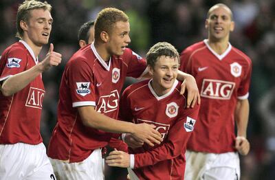 Wes Brown, centre left, with Ole Gunnar Solskjaer during their playing days at Manchester United in 2007. Getty Images