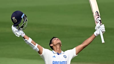 India's Yashasvi Jaiswal celebrates reaching a century. AFP